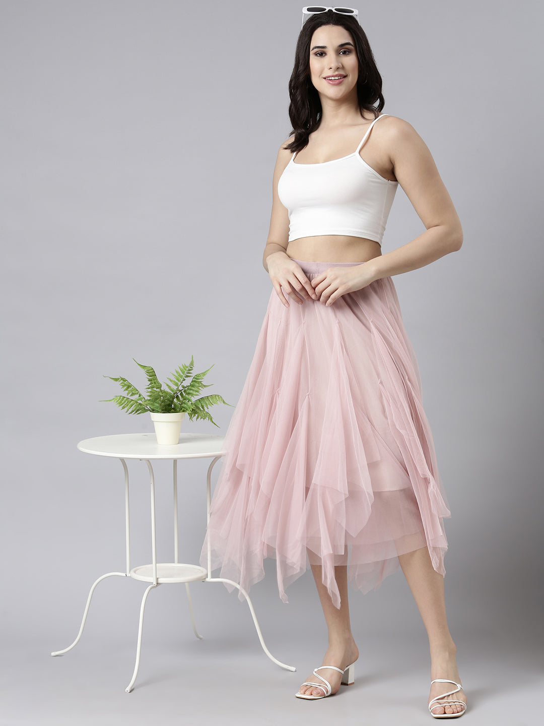 Women Solid Peach Flared Midi Skirt