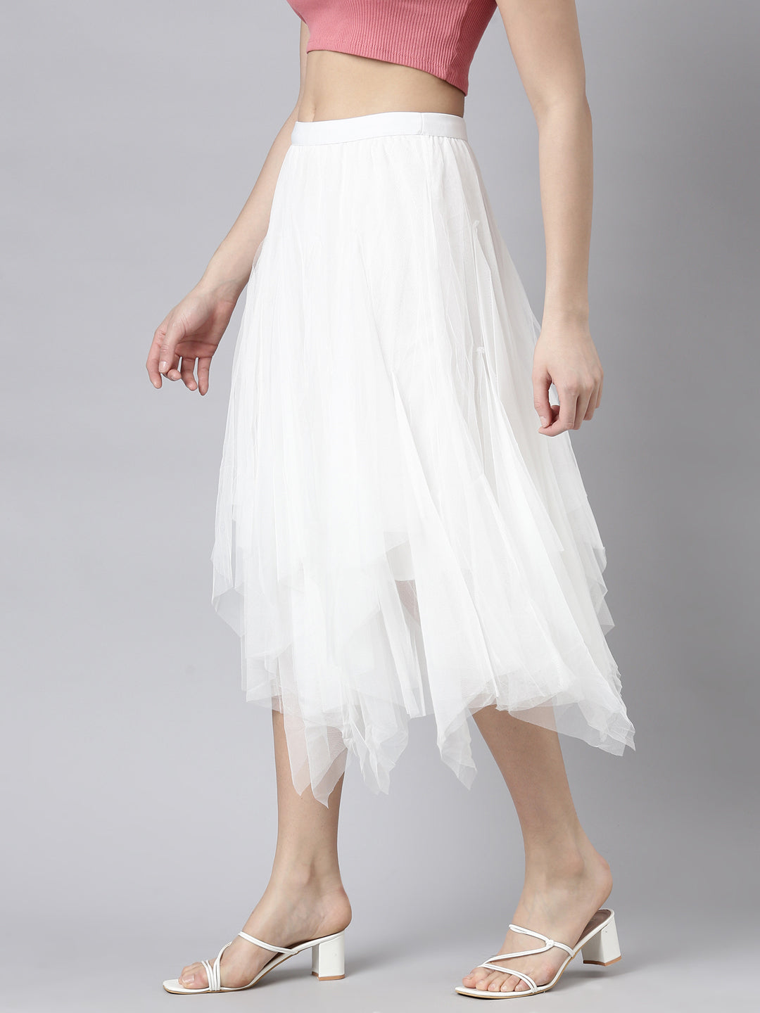 Women Solid White Flared Midi Skirt
