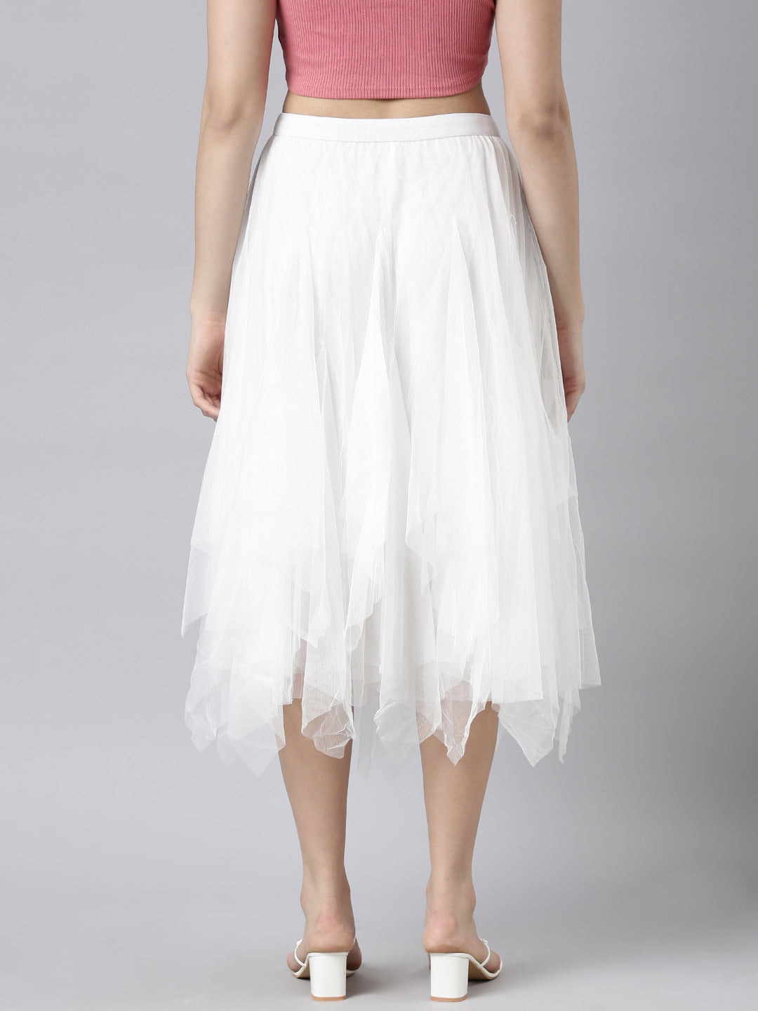 Women Solid White Flared Midi Skirt