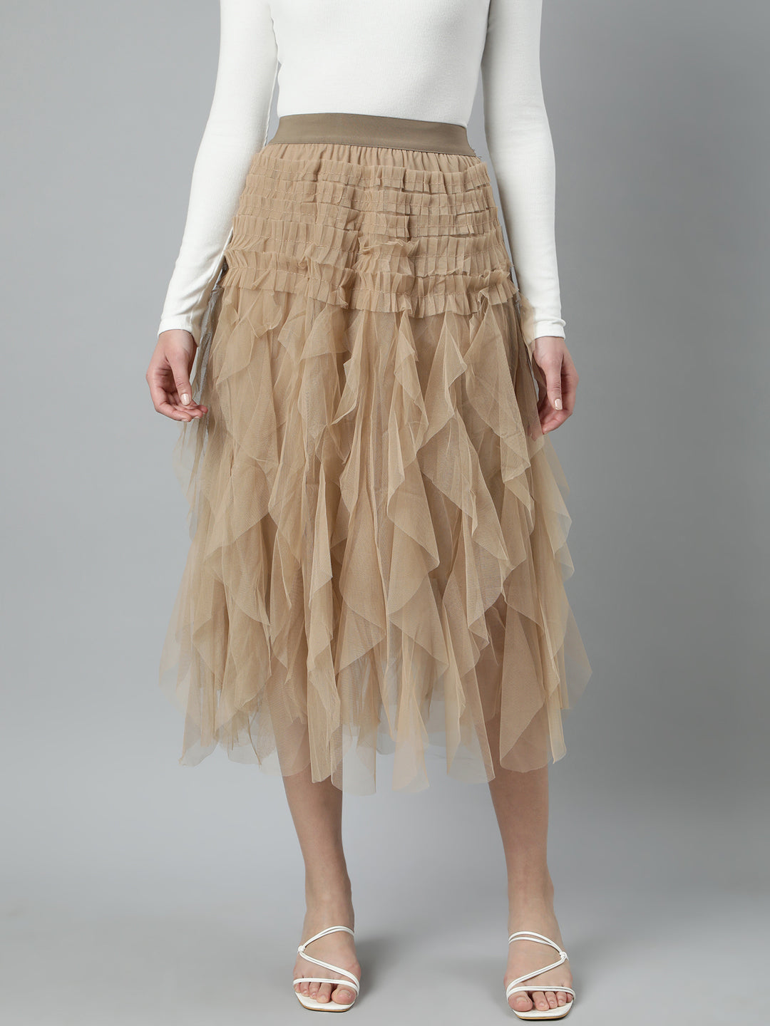 Women Solid Beige Flared Midi Skirt