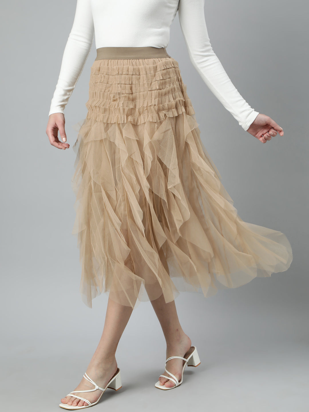 Women Solid Beige Flared Midi Skirt