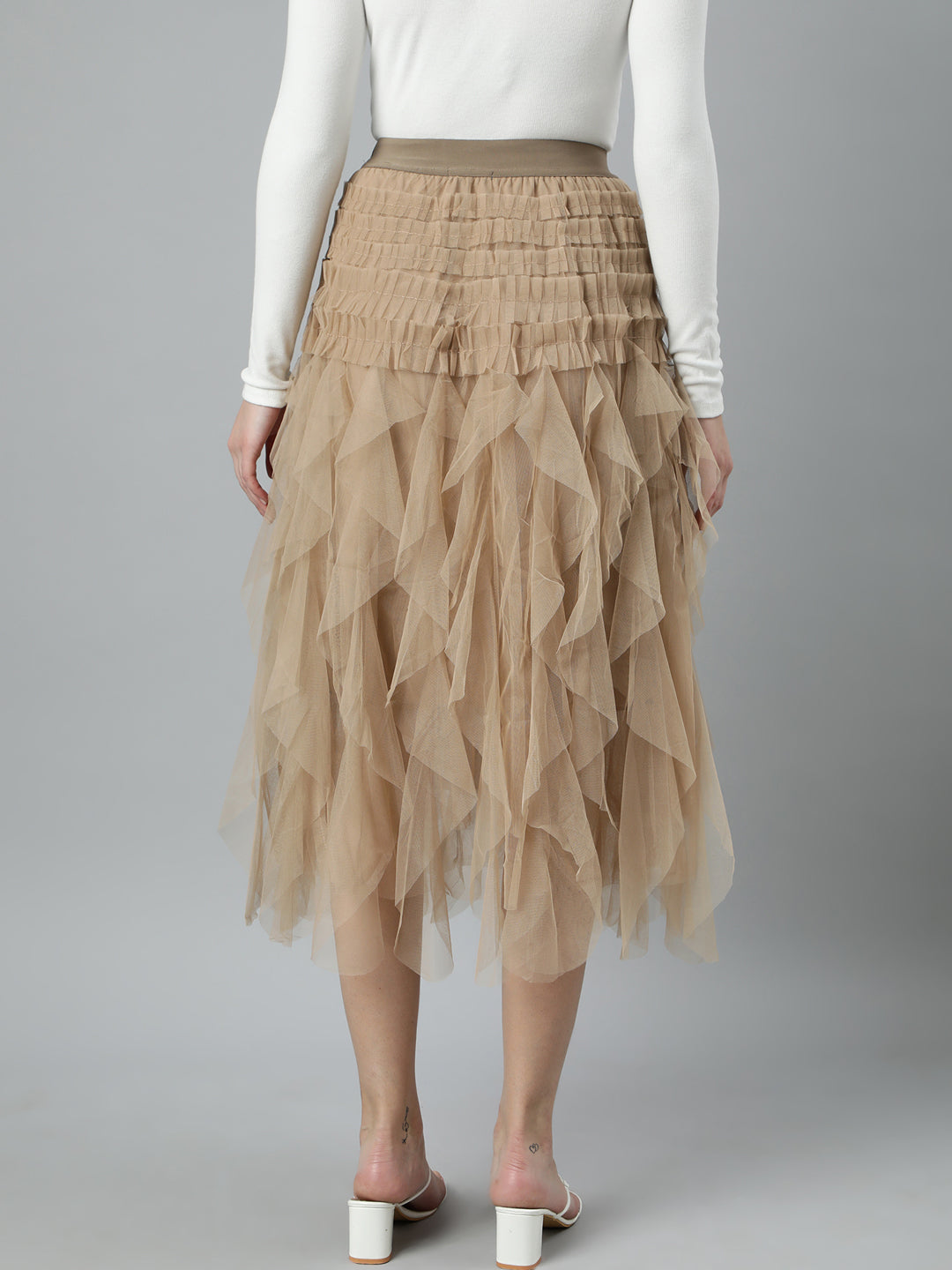 Women Solid Beige Flared Midi Skirt