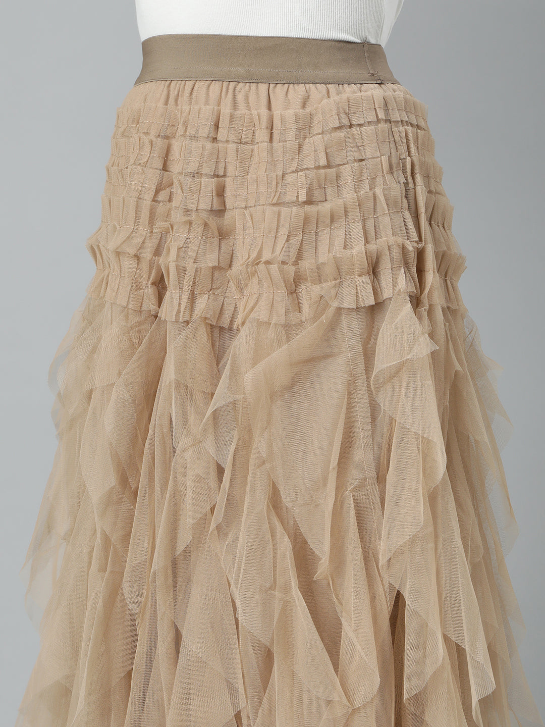 Women Solid Beige Flared Midi Skirt