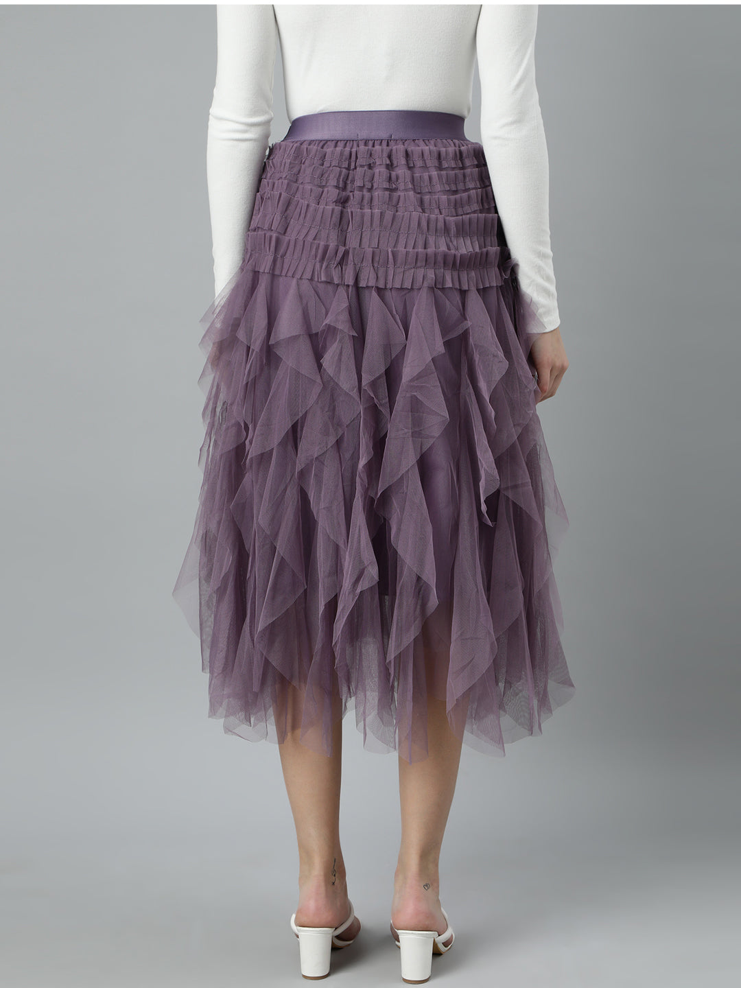 Women Solid Lavender Flared Midi Skirt