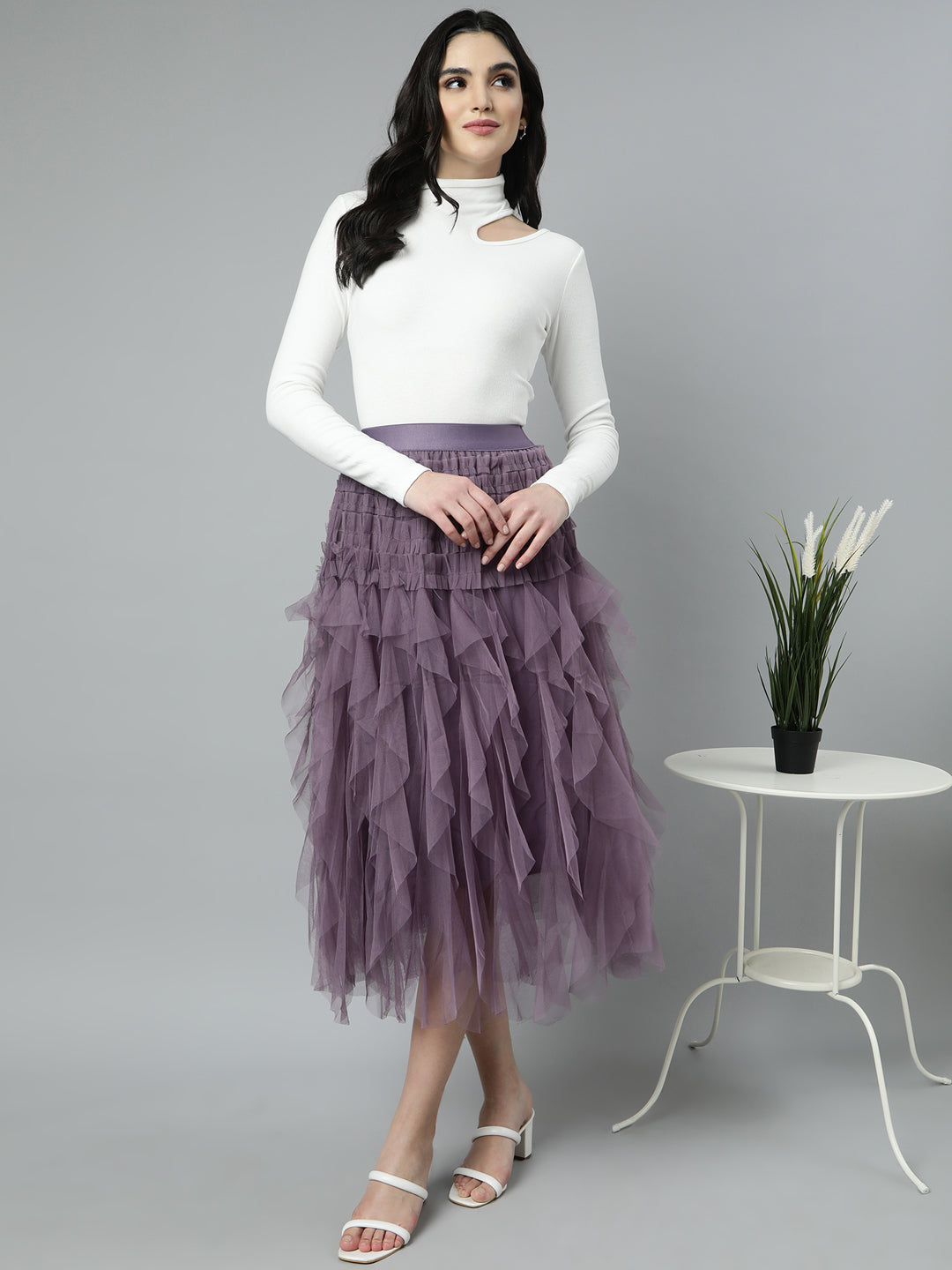 Women Solid Lavender Flared Midi Skirt