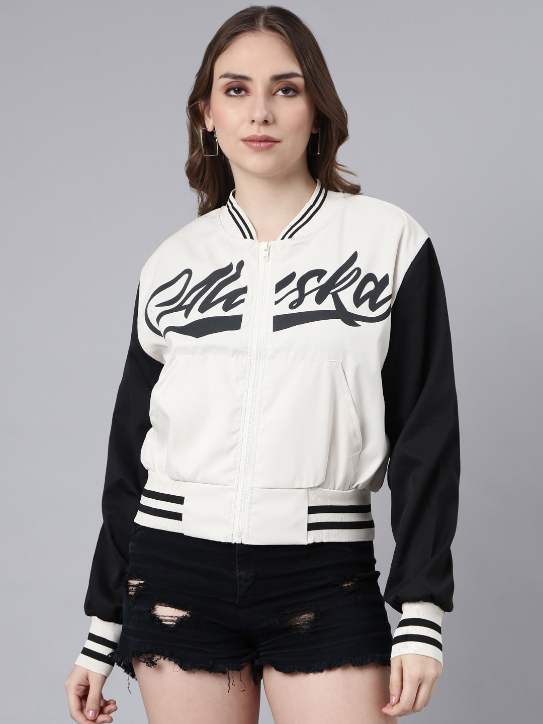 Women Typography Cream Crop Oversized Varsity Jacket