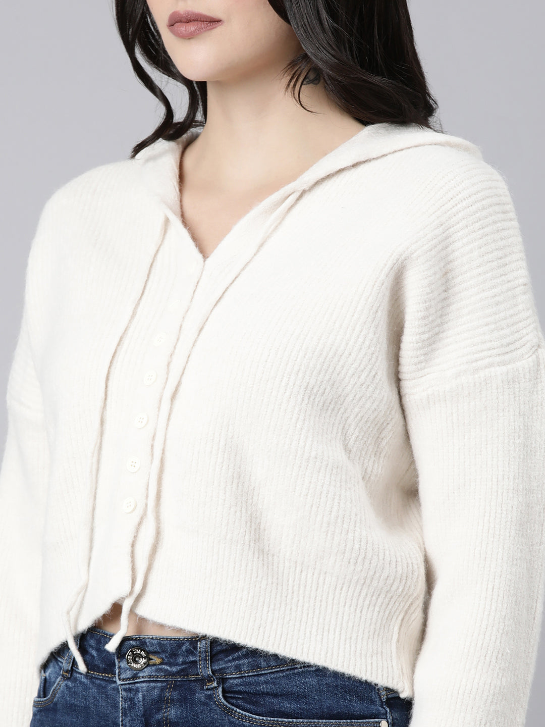 Women Solid Cream Cardigan