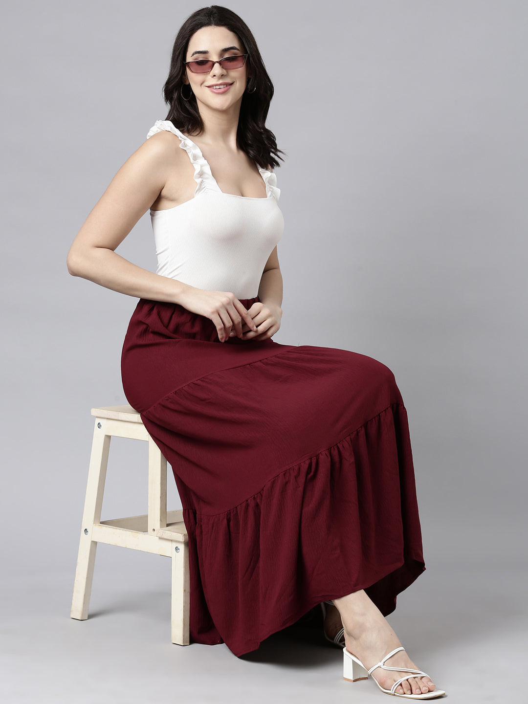 Women Solid Maroon Tiered Maxi Skirt