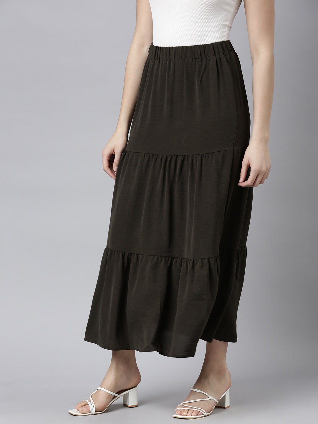 Women Solid Olive Tiered Maxi Skirt