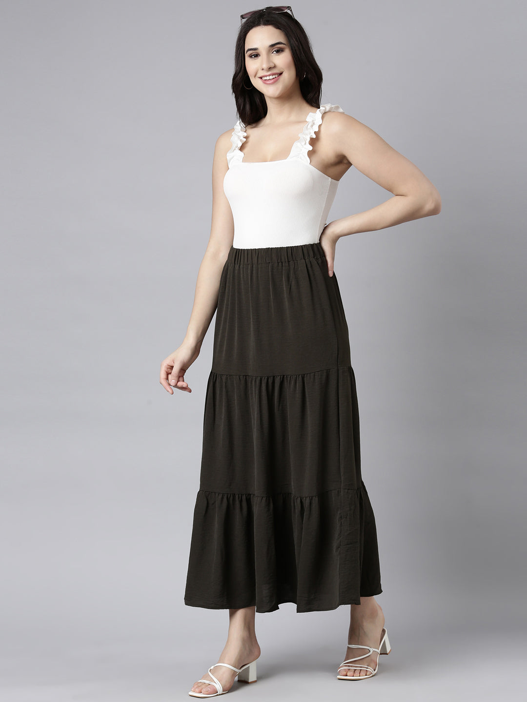 Women Solid Olive Tiered Maxi Skirt