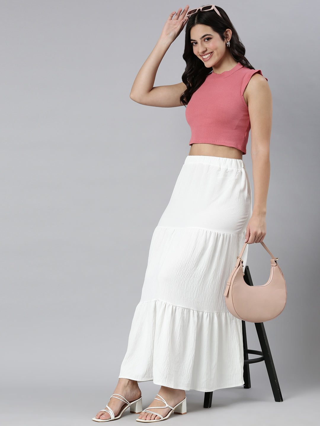 Women Solid White Tiered Maxi Skirt