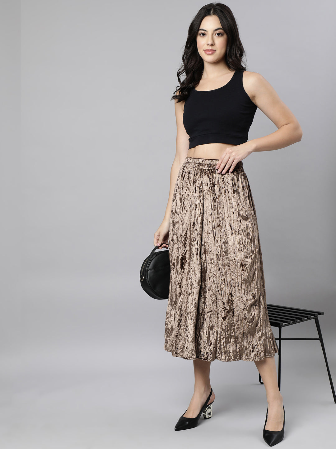 Women Solid Beige Flared Midi Skirt