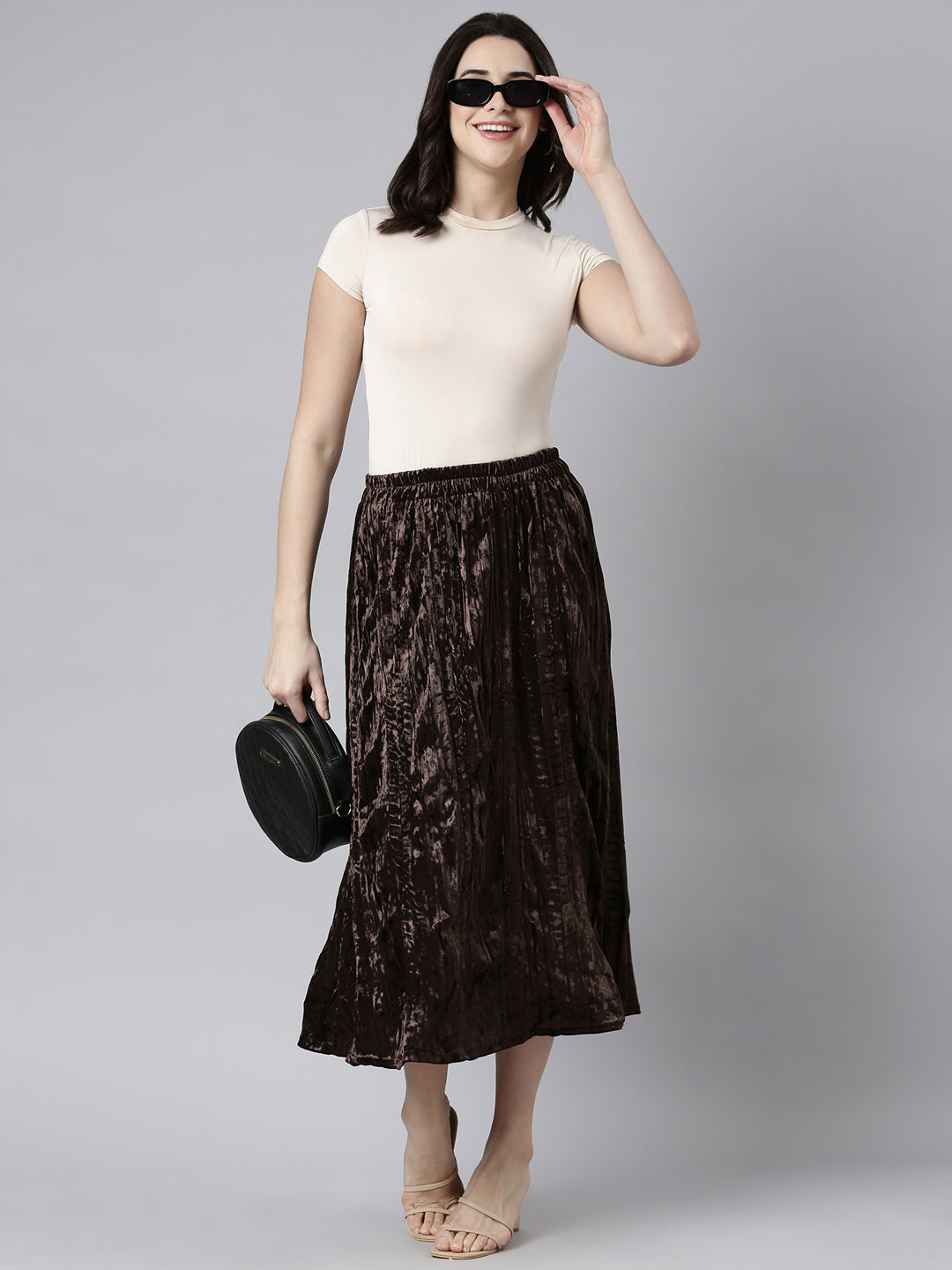 Women Solid Brown Flared Midi Skirt
