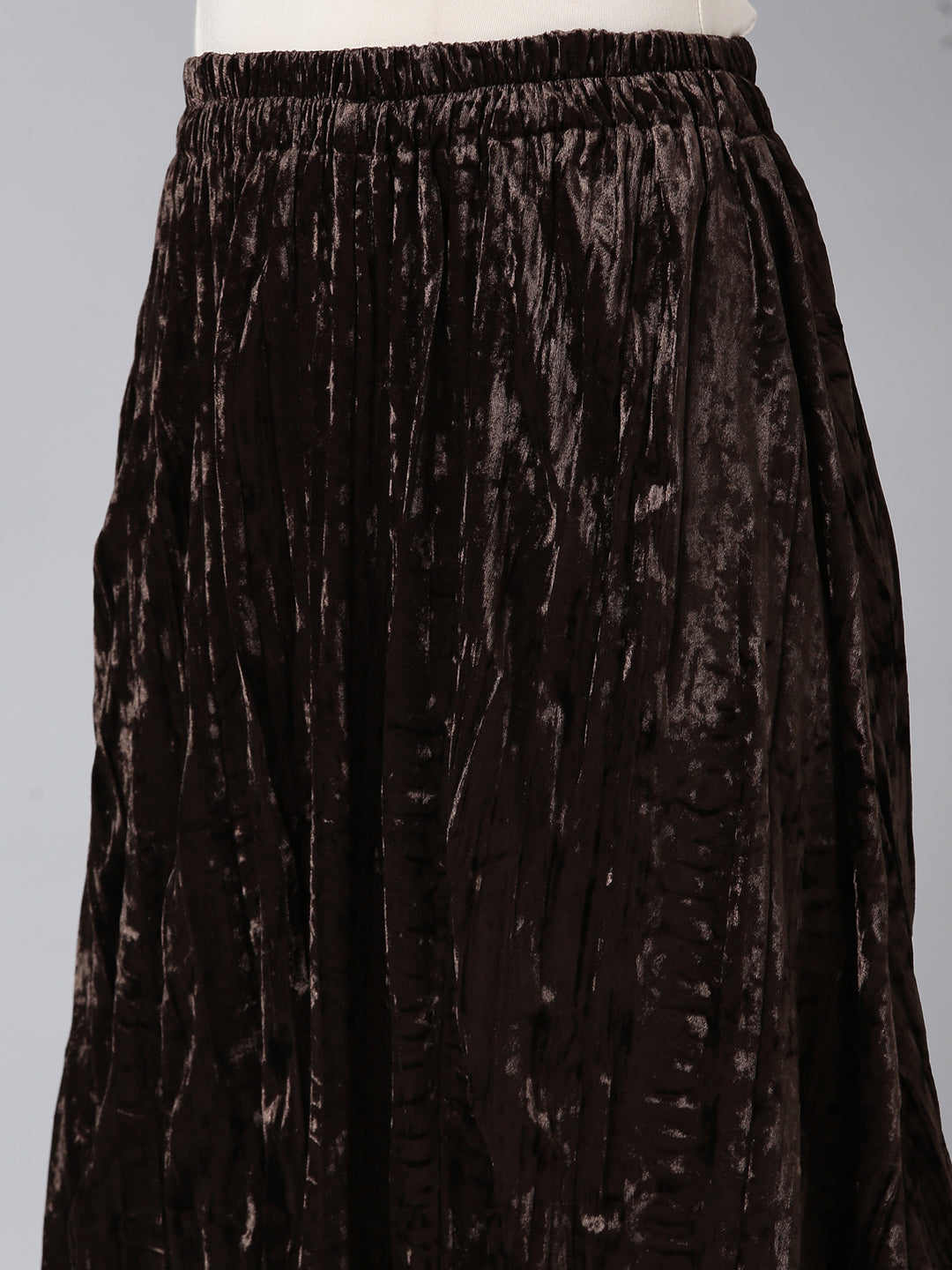 Women Solid Brown Flared Midi Skirt