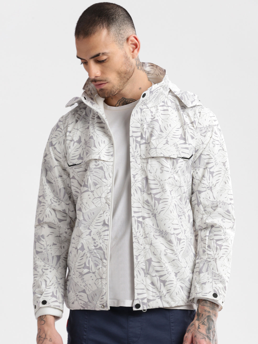 Men Hooded White Abstract Tailored Oversized Jacket comes with Detachable Hoodie and Inner fleece Jacket