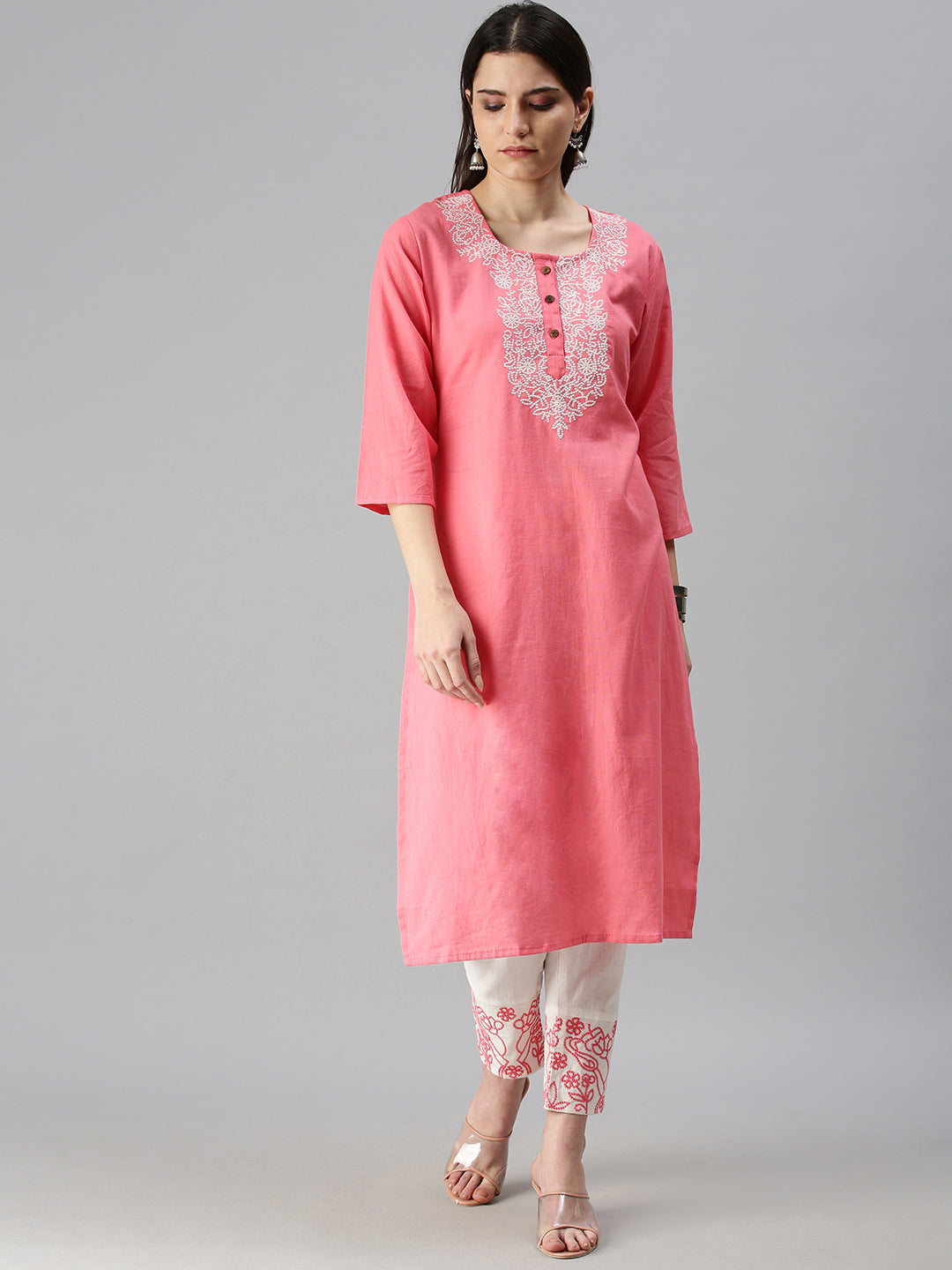 Women's Peach Embroidered Kurta Sets