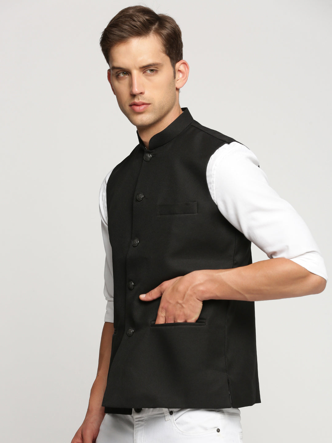 Men Black Mandarin Collar Solid Nehru Jacket