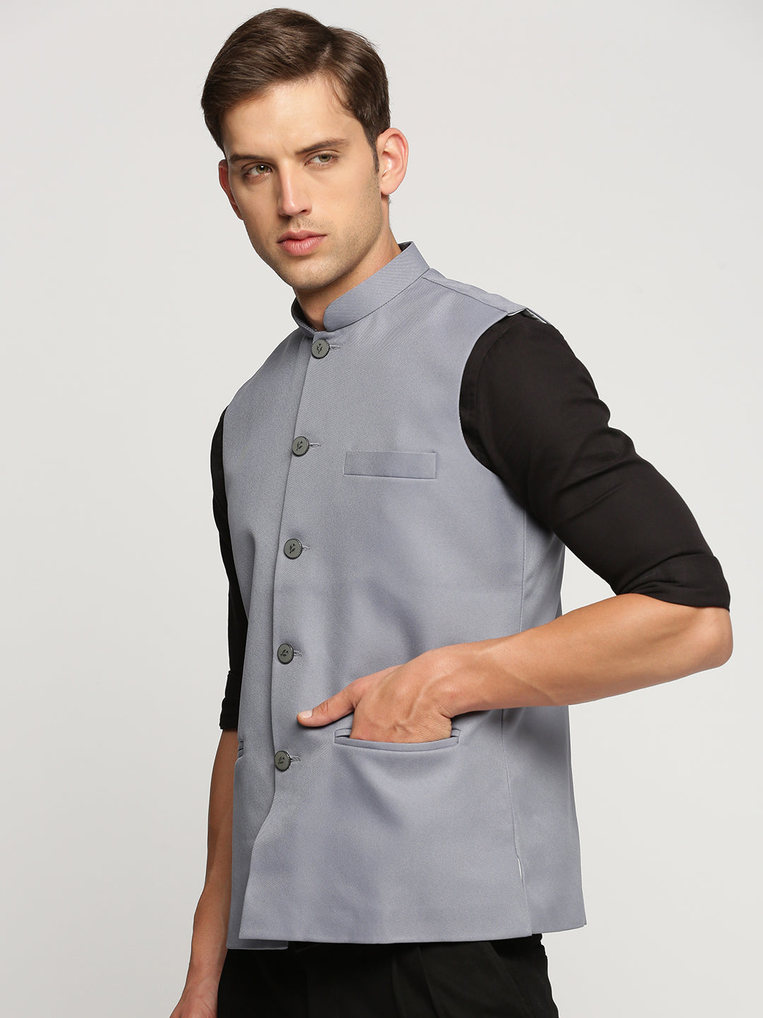 Men Grey Mandarin Collar Solid Nehru Jacket