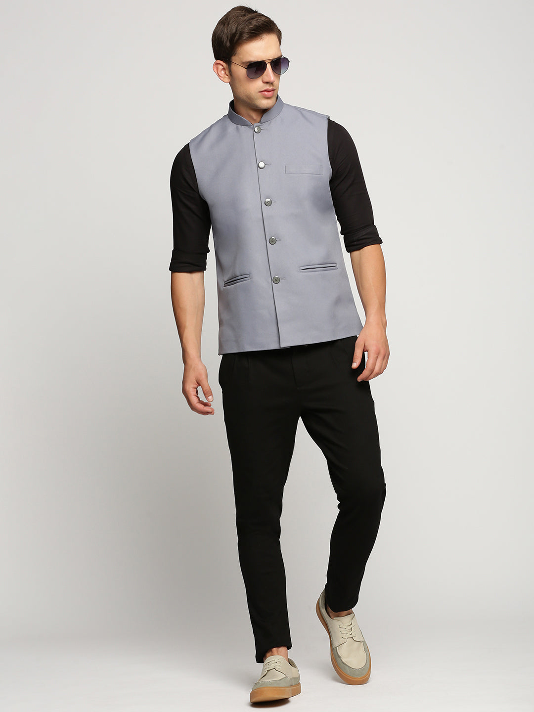 Men Grey Mandarin Collar Solid Nehru Jacket