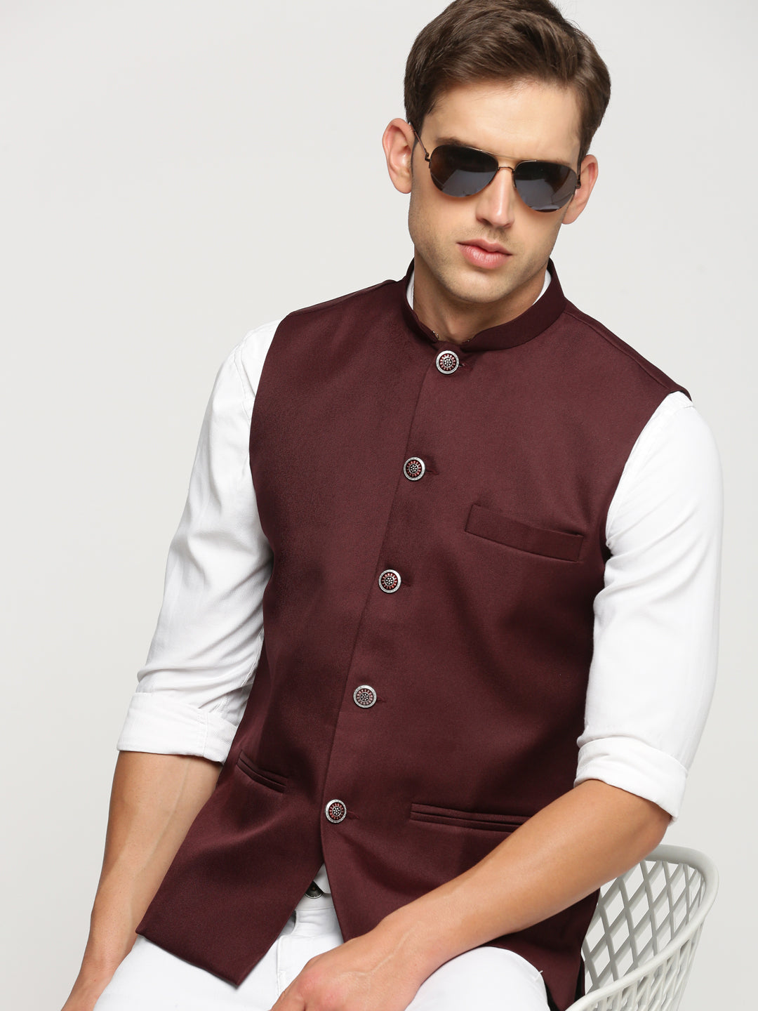 Men Maroon Mandarin Collar Solid Nehru Jacket