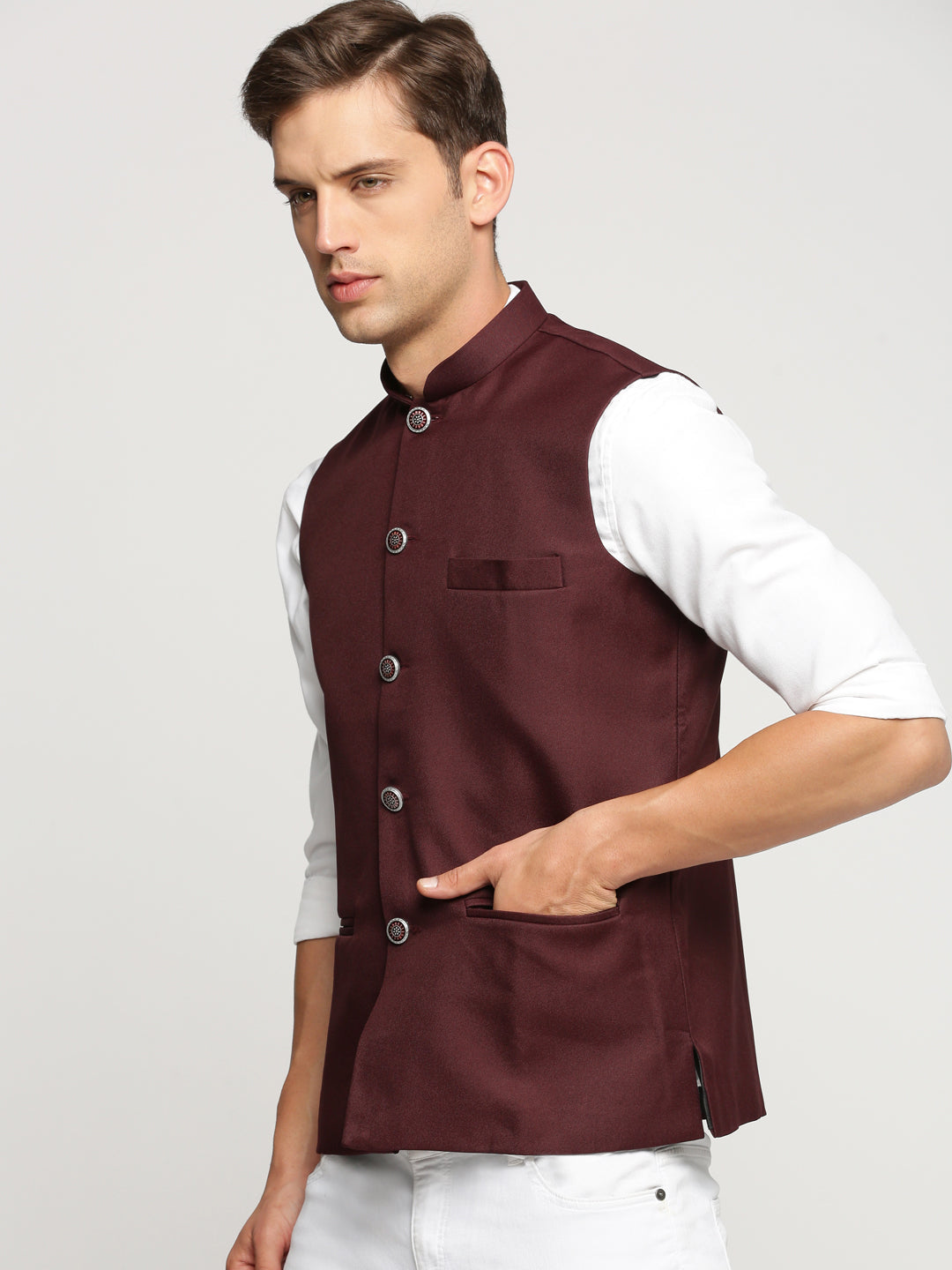 Men Maroon Mandarin Collar Solid Nehru Jacket