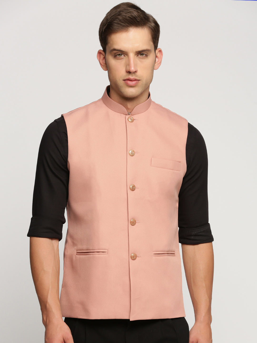 Men Peach Mandarin Collar Solid Nehru Jacket