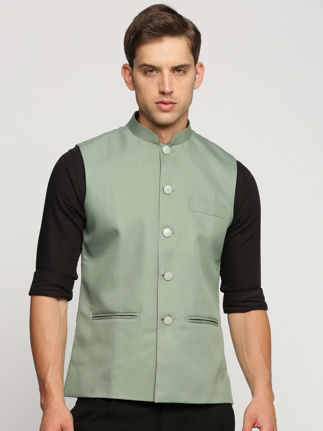 Men Sea Green Mandarin Collar Solid Nehru Jacket