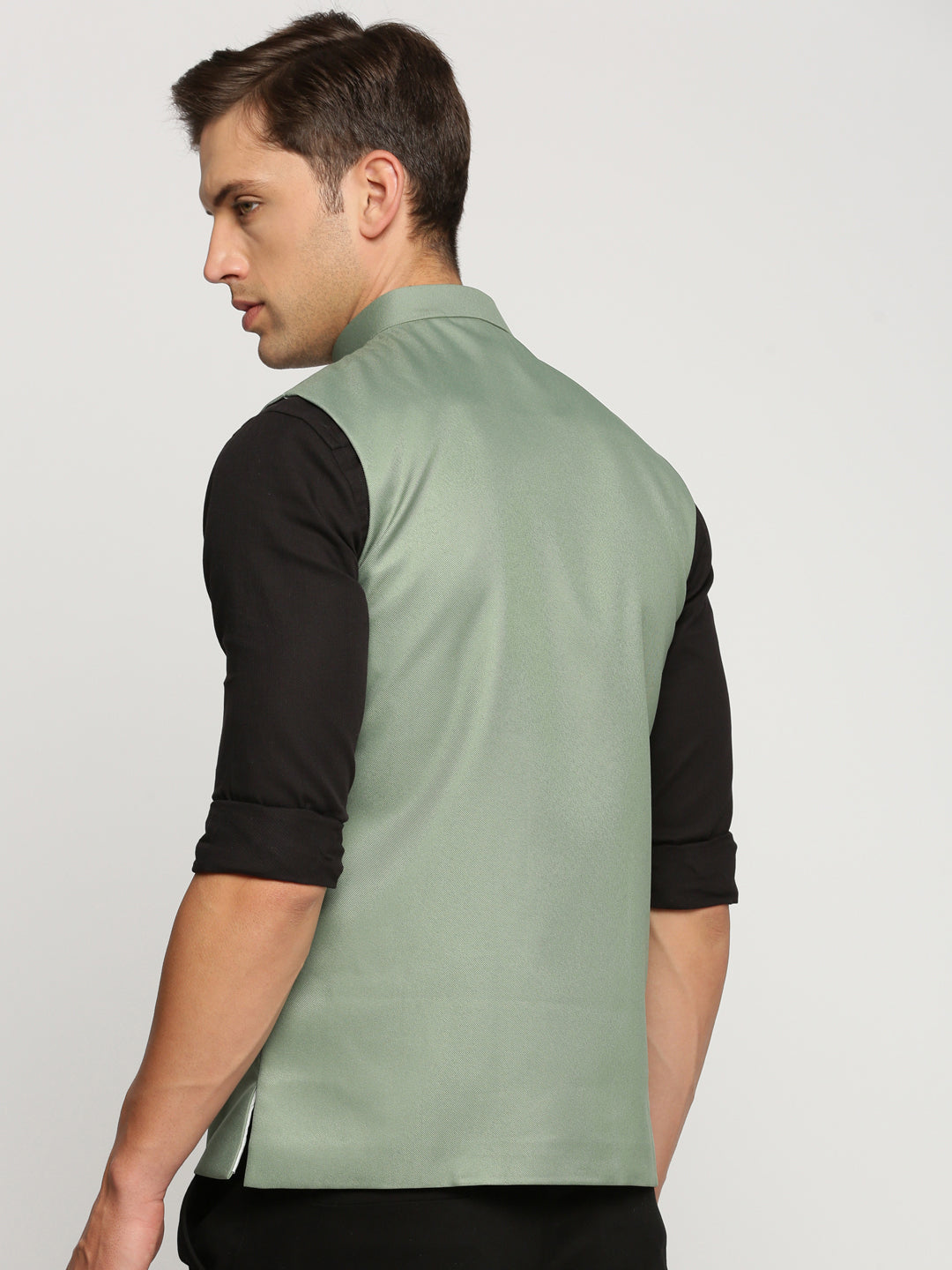 Men Sea Green Mandarin Collar Solid Nehru Jacket