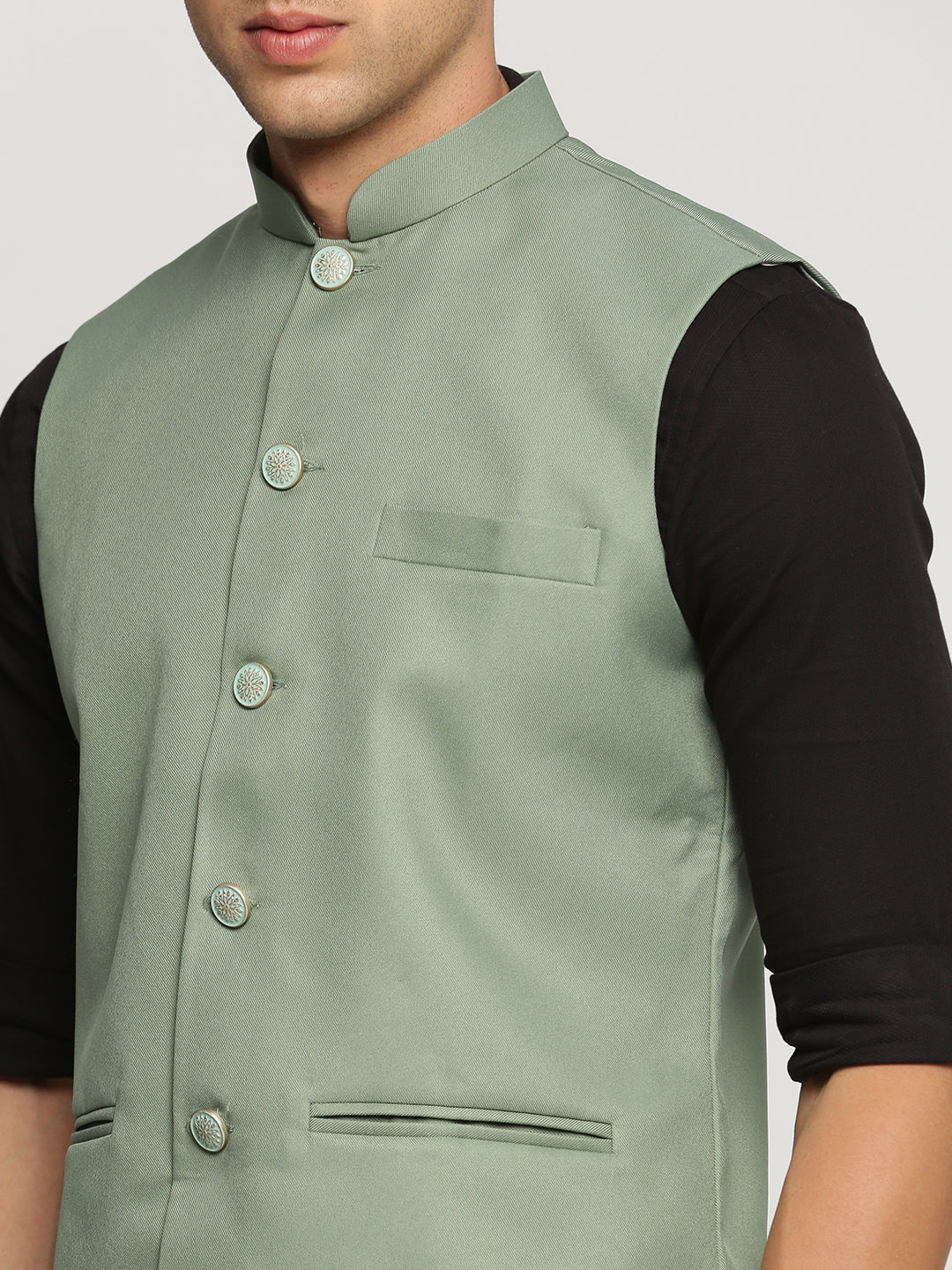 Men Sea Green Mandarin Collar Solid Nehru Jacket