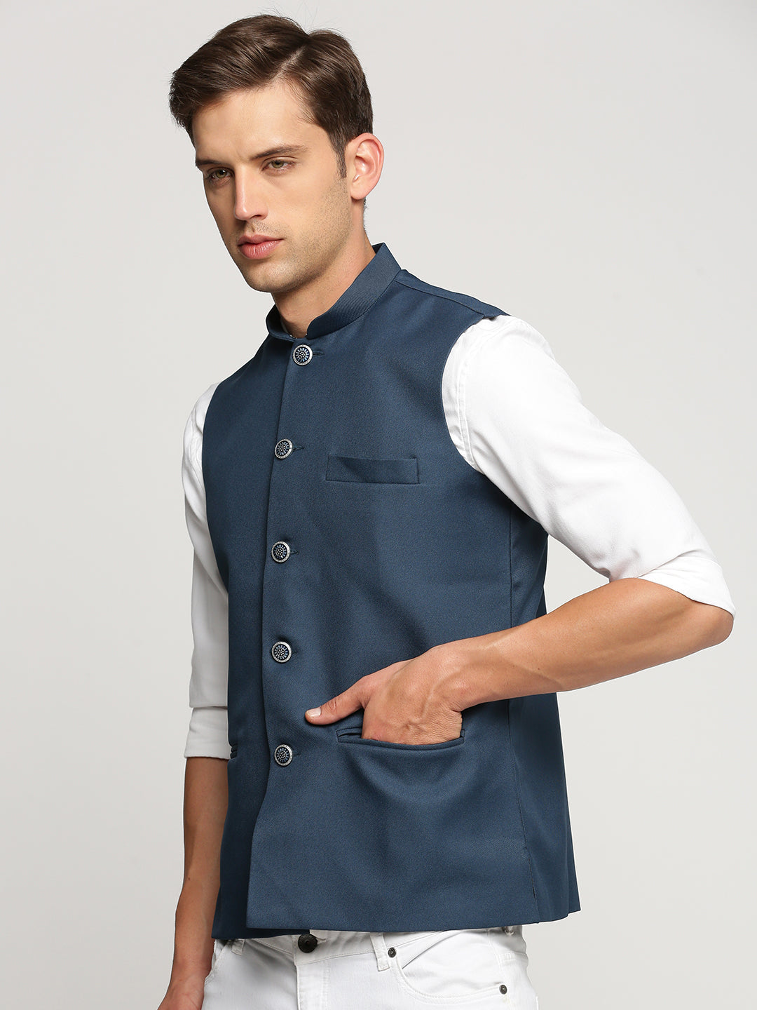 Men's Teal Mandarin Collar Solid Nehru Jacket