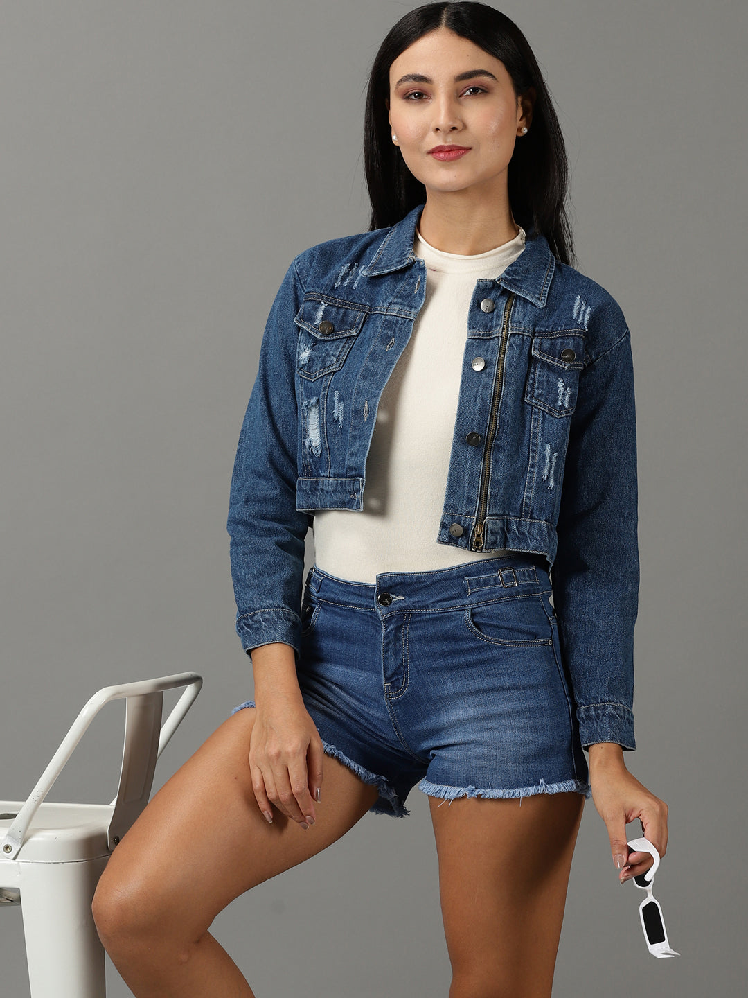 Women's Navy Blue Solid Denim Jacket