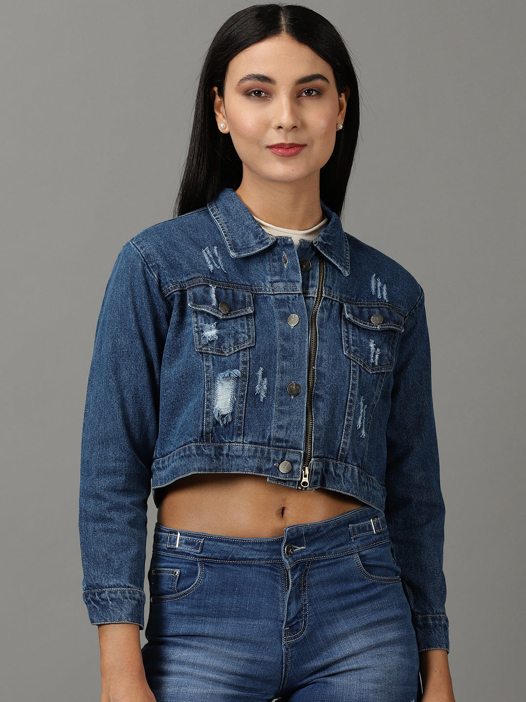 Women's Navy Blue Solid Denim Jacket