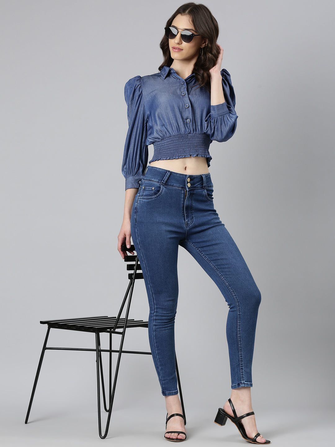Women Navy Blue Solid Shirt StyleCrop Top