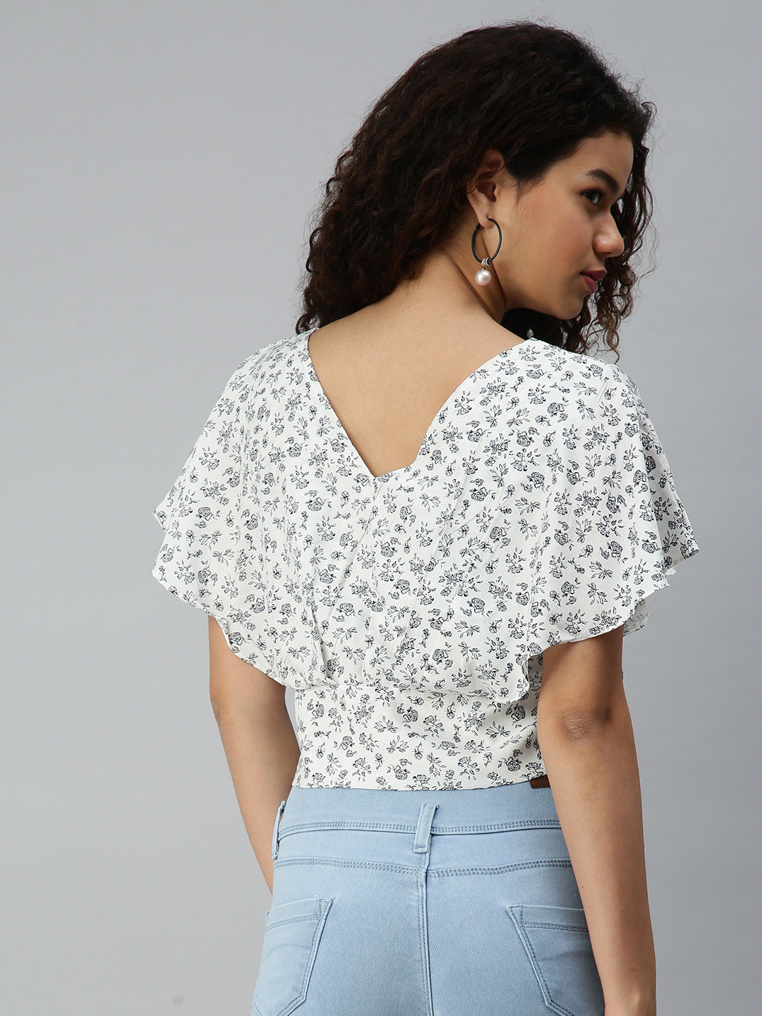 Women White Printed Crop Styled Back Top