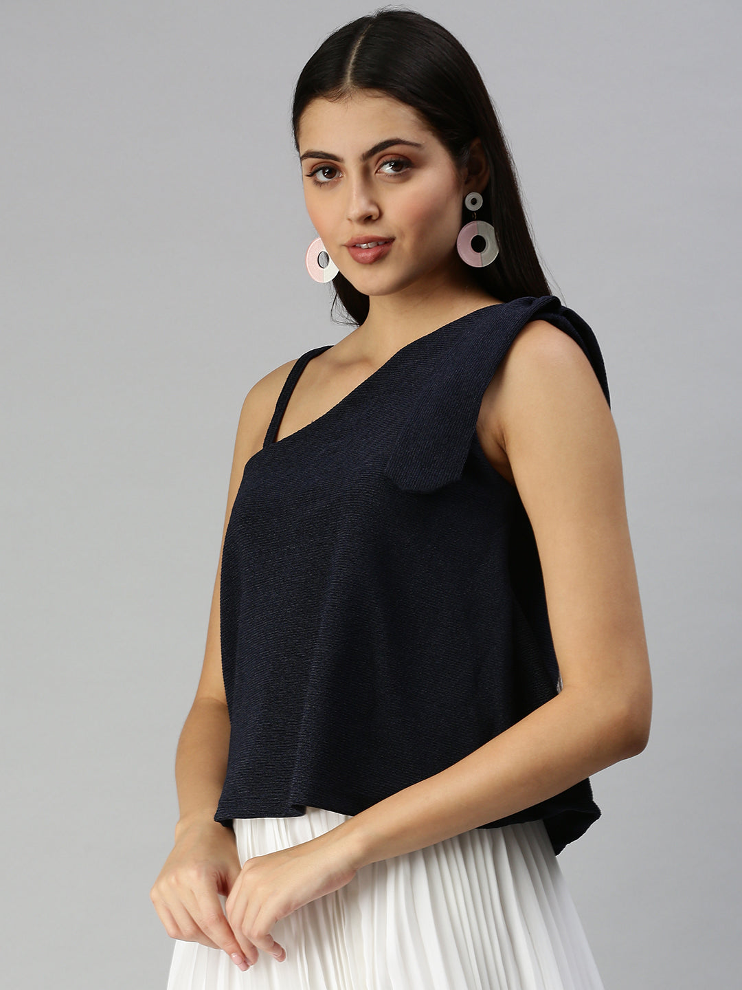 Women Navy Blue Solid Boxy Top