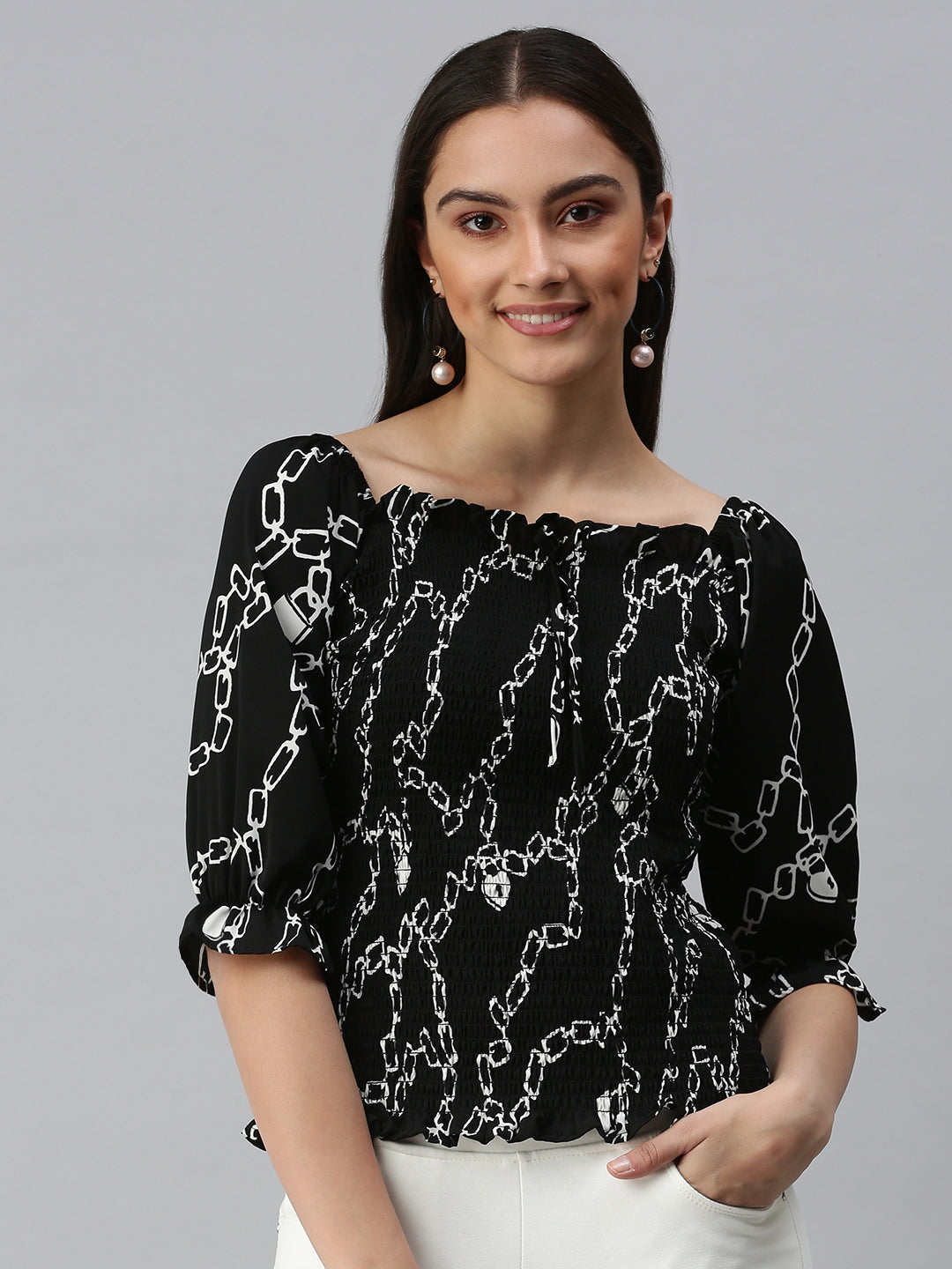 Women Black Printed Fitted Top