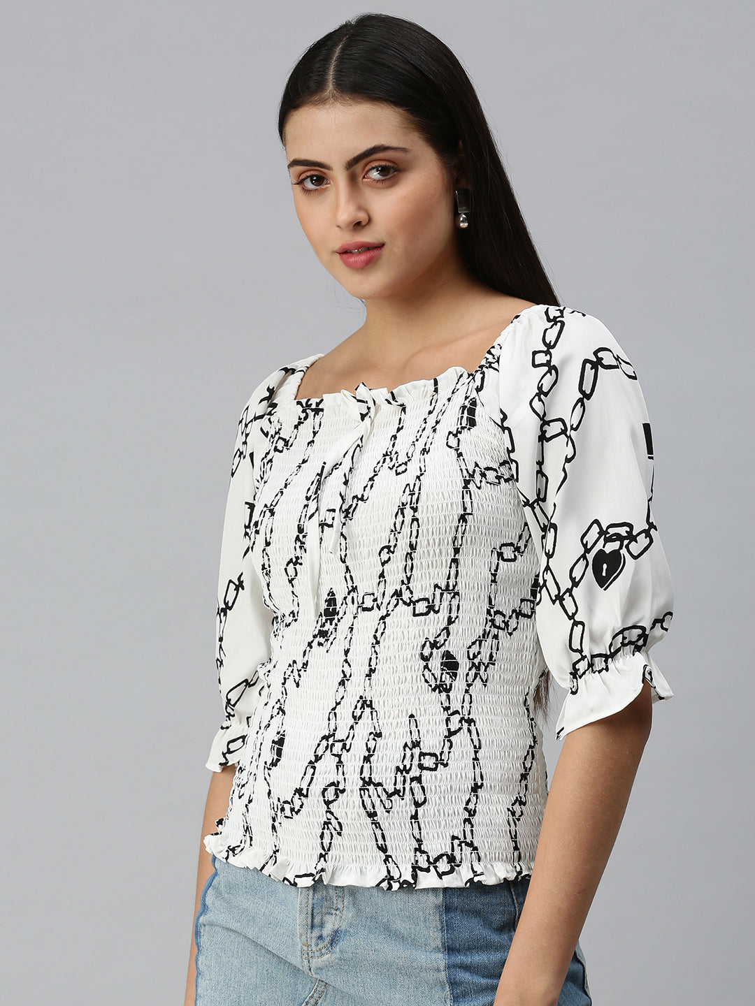 Women White Printed Fitted Top