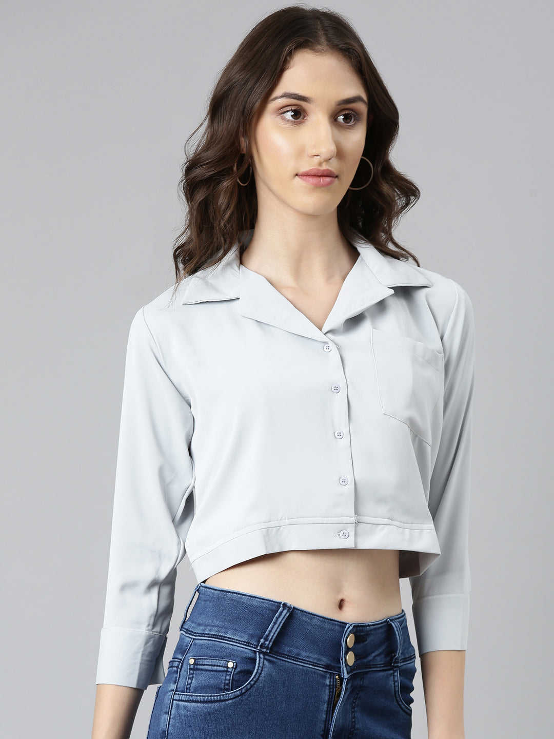 Women Grey Solid Shirt StyleCrop Top