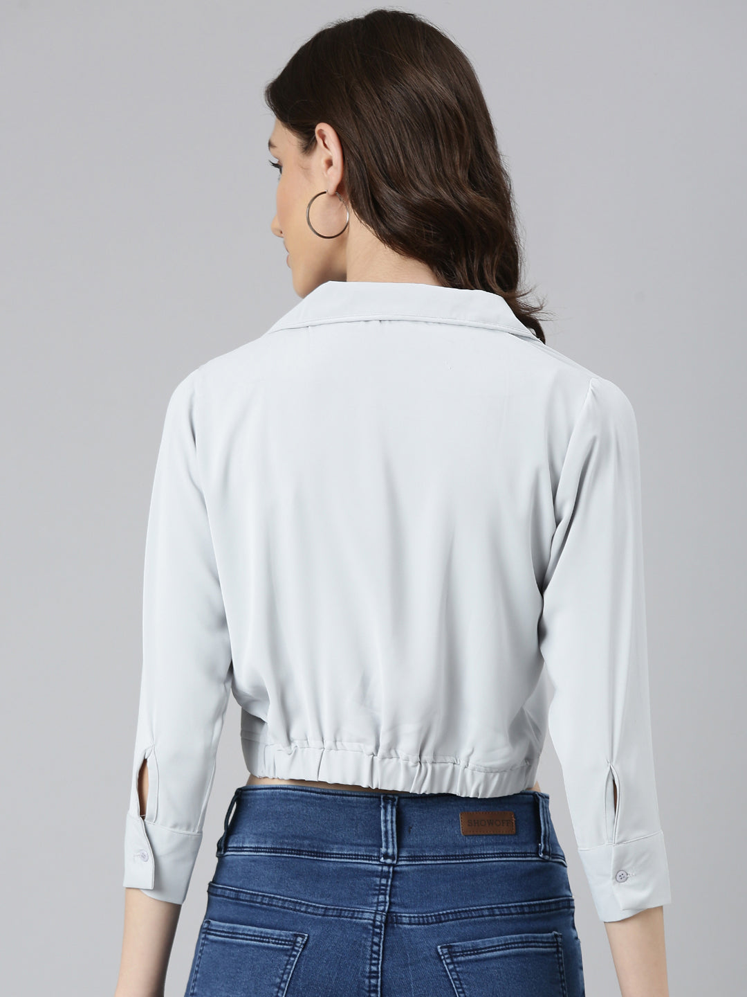 Women Grey Solid Shirt StyleCrop Top