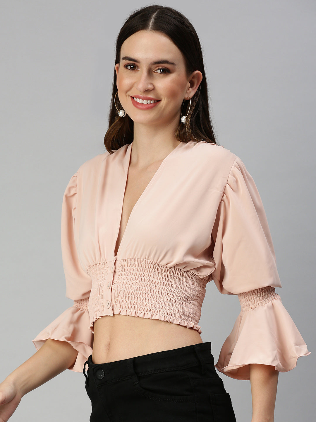 Women's Peach Solid Crop Tops