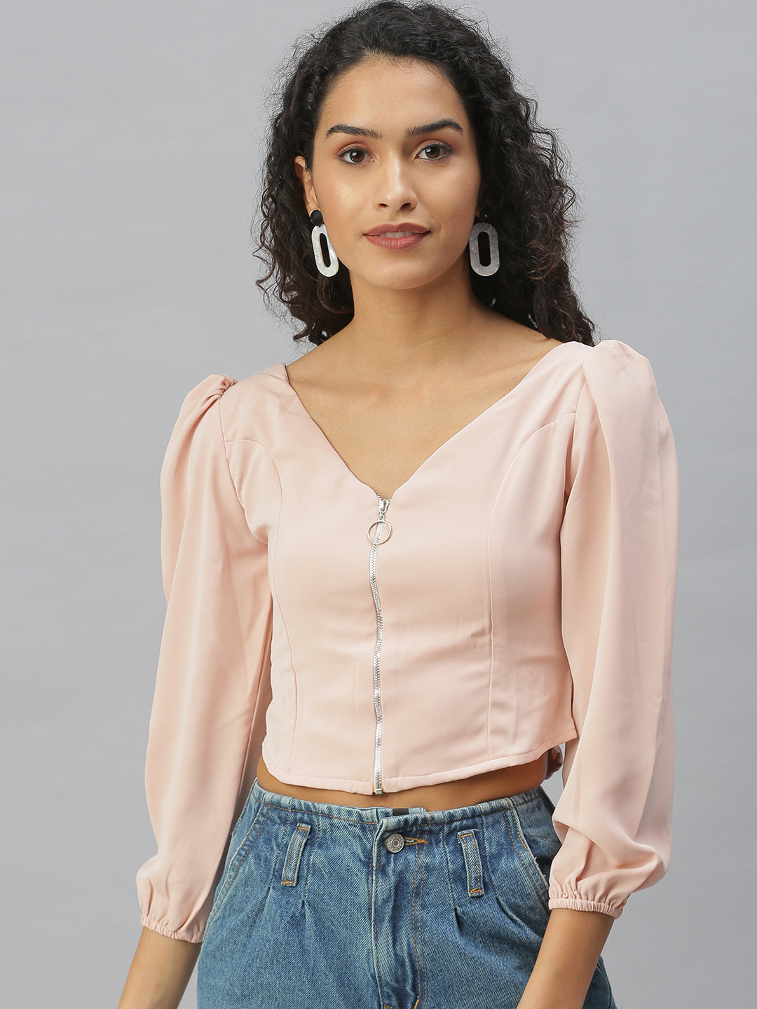 Women's Peach Solid Crop Tops