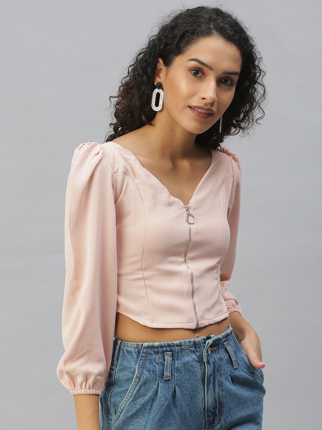 Women's Peach Solid Crop Tops