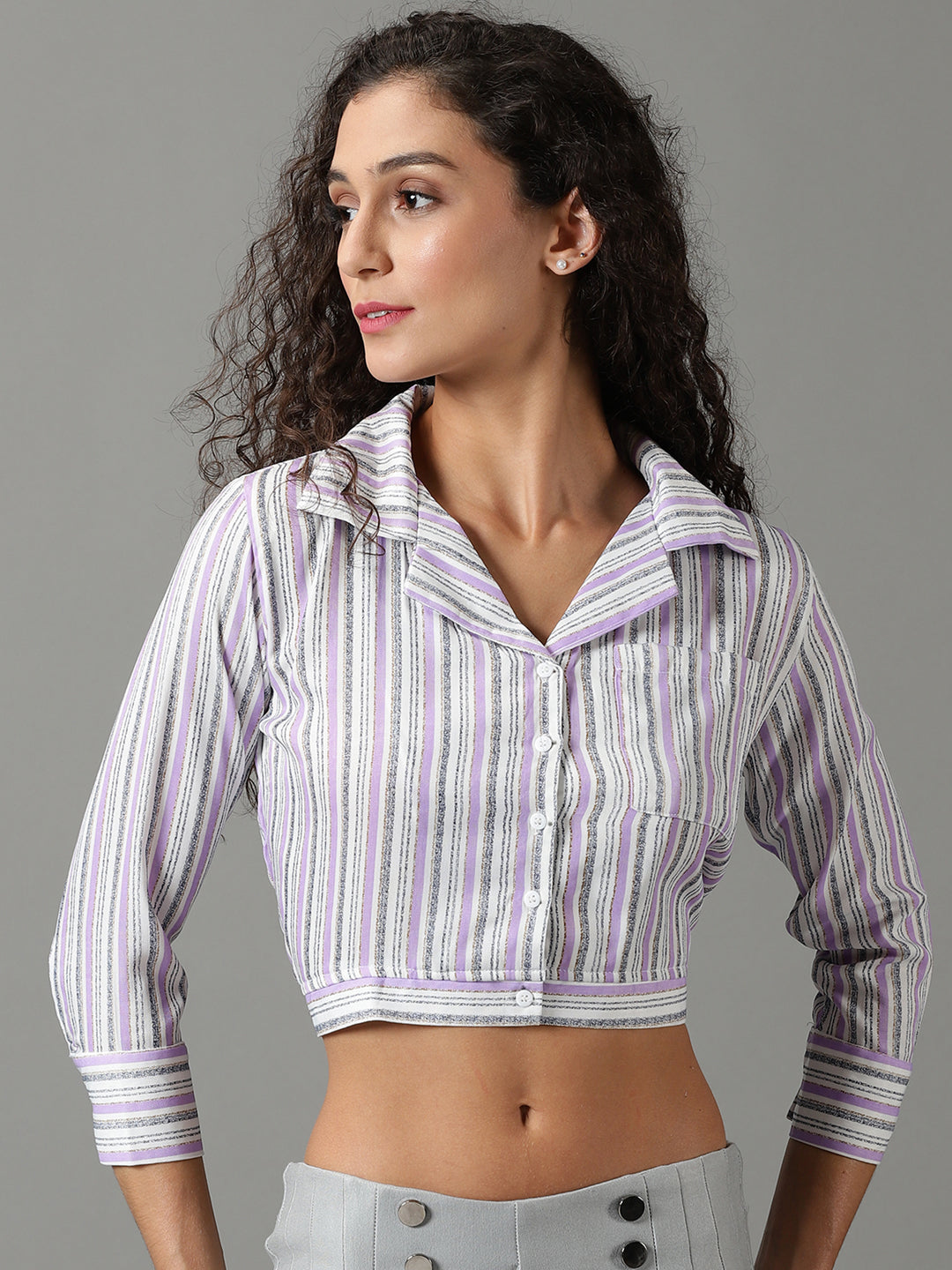 Women's White Striped Shirt Style Crop Top