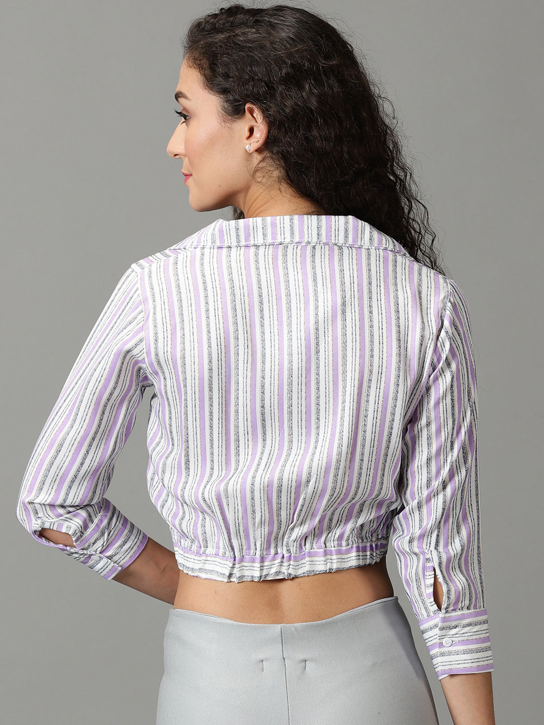 Women's White Striped Shirt Style Crop Top