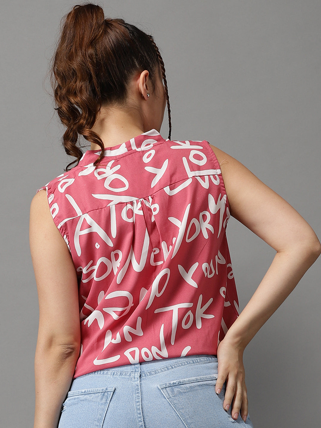 Women's Pink Printed High-Low Top