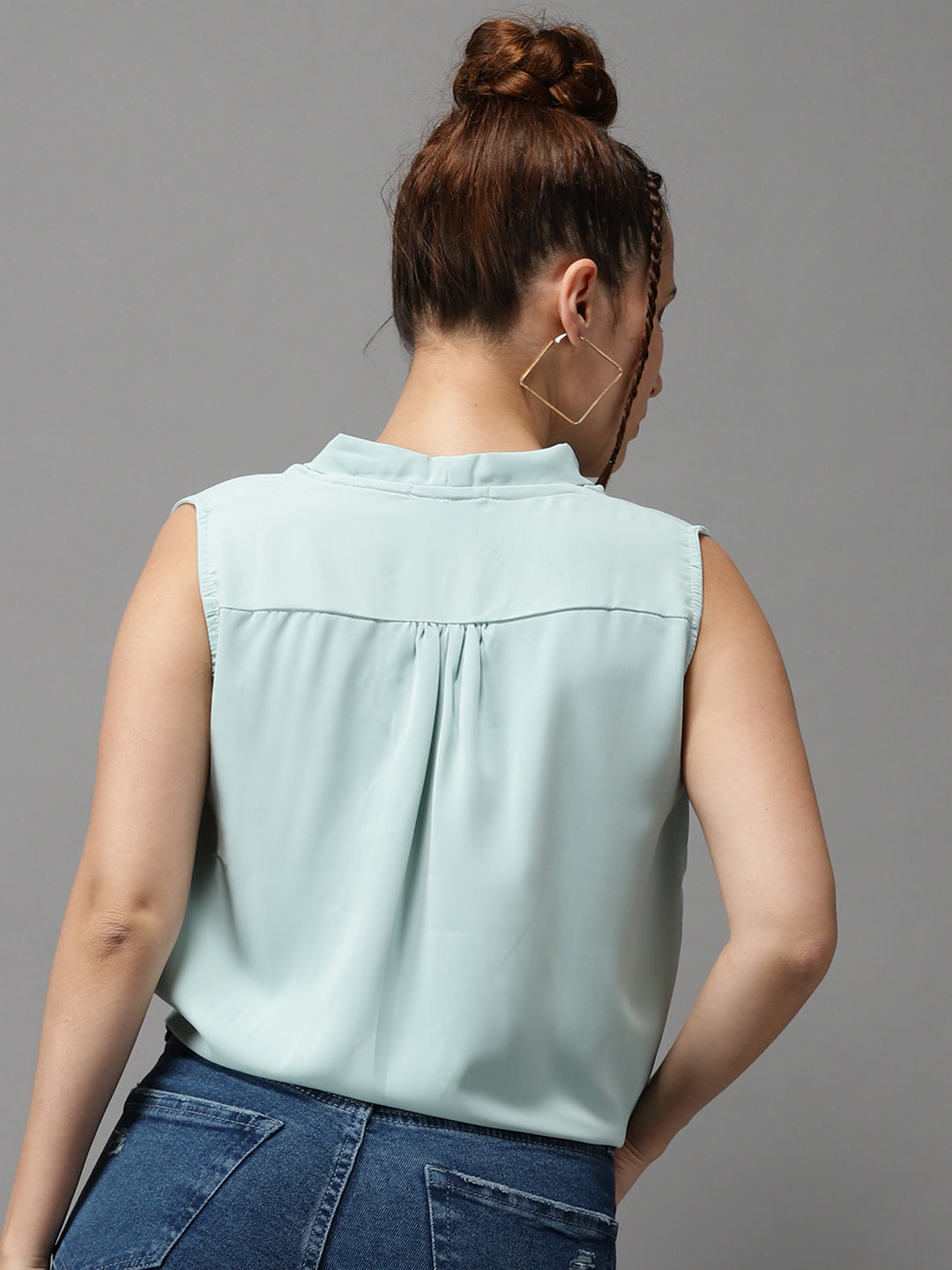 Women's Sea Green Solid High-Low Top