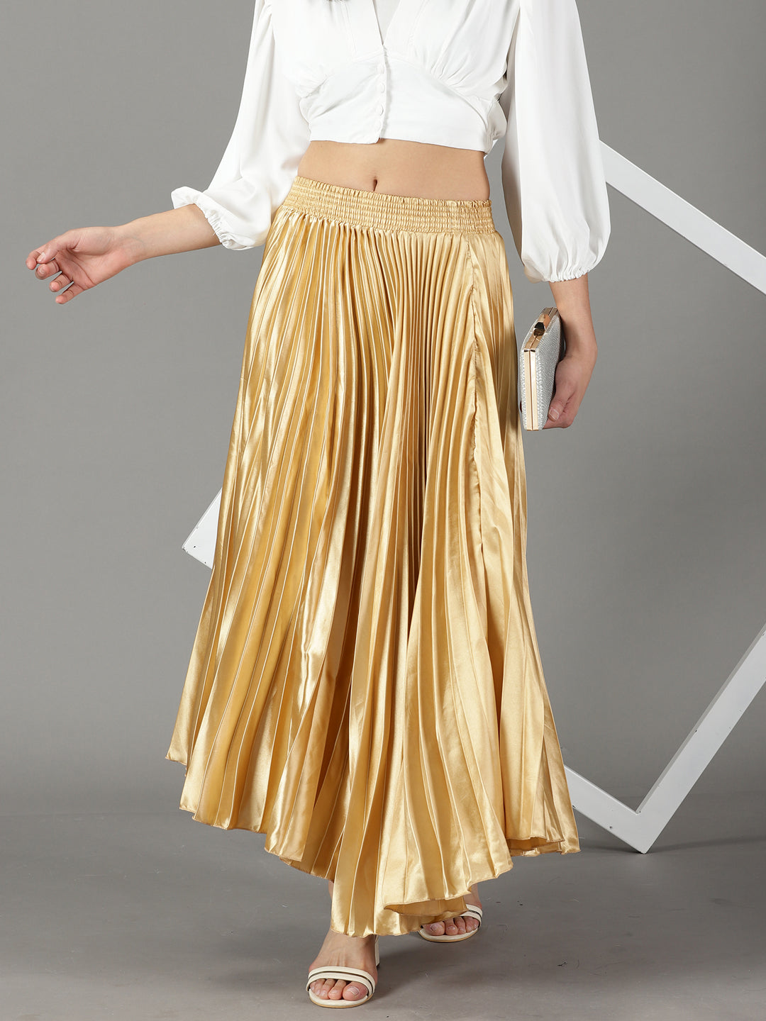 Women's Gold Solid Flared Skirt