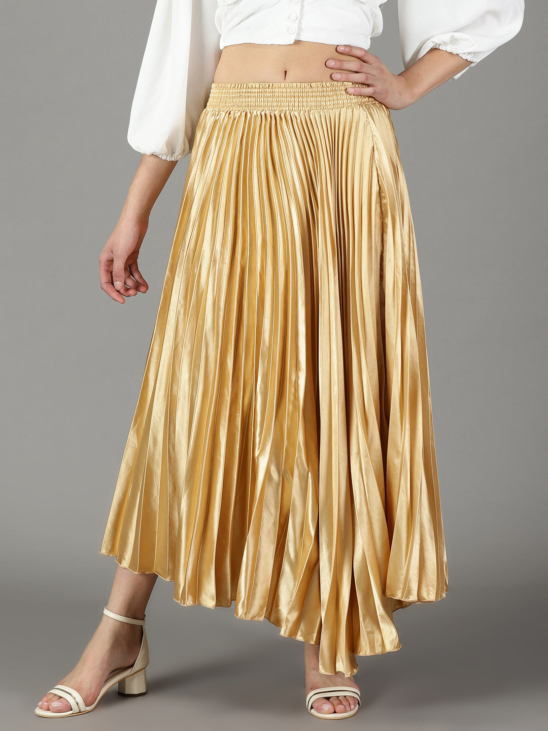 Women's Gold Solid Flared Skirt