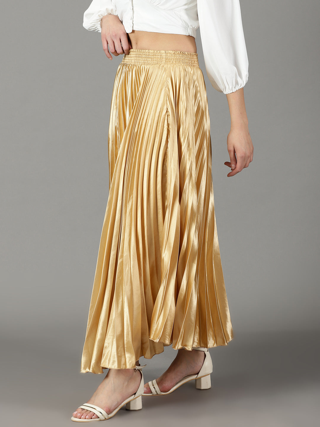 Women's Gold Solid Flared Skirt