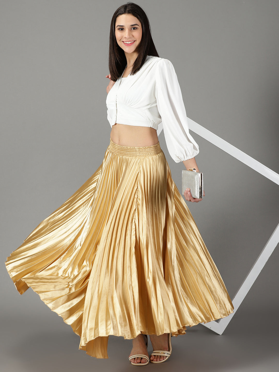 Women's Gold Solid Flared Skirt